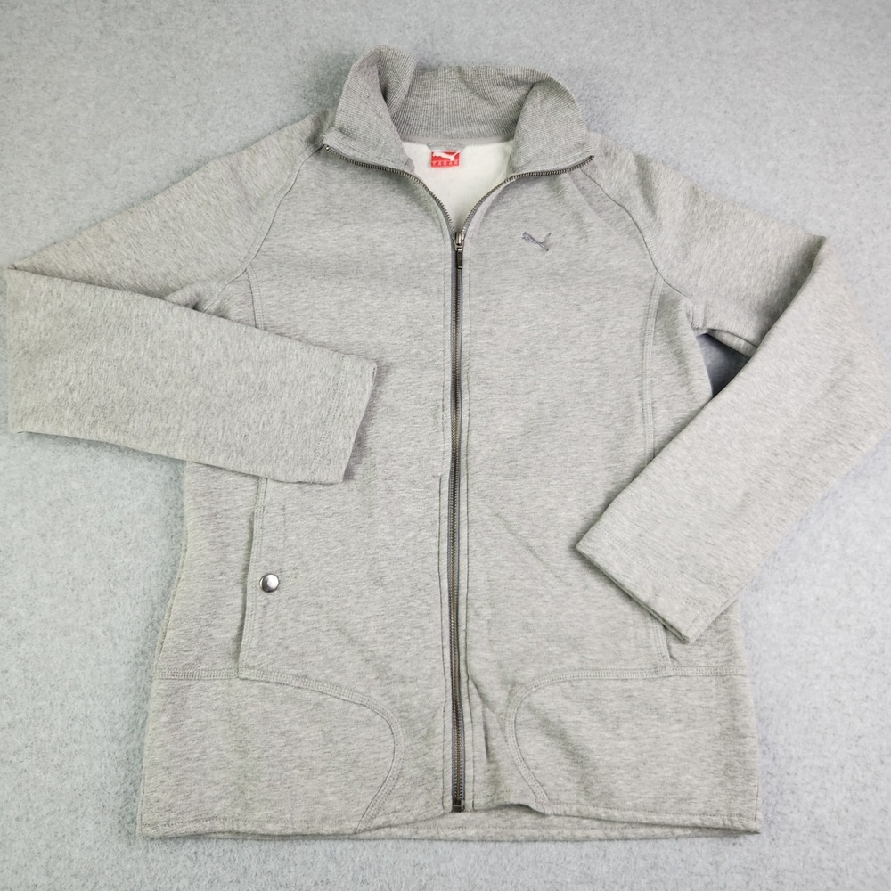 Puma Track Jacket Women Large Gray Sport Lifestyle Fleece Lined Stretch Full Zip